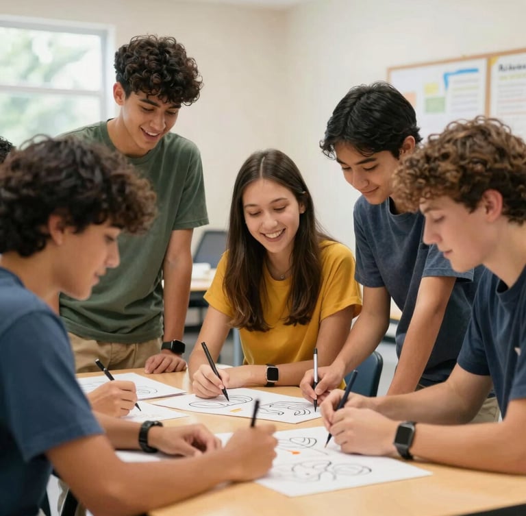 Vibrant medium shot of teenagers collaborating on a creative group project in a bright Georgia community center, warm natural light, authentic laughter and focus