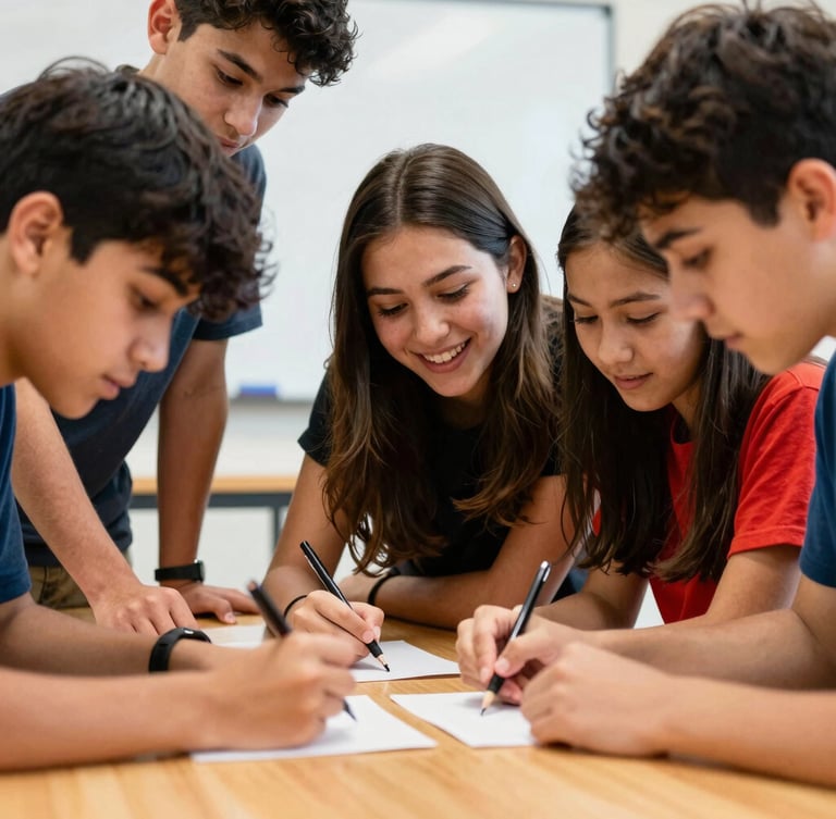 Warm high-contrast photography of Georgia teenagers collaborating on a hands-on group project around a wooden table, authentic expressions of focus and laughter, 35mm lens