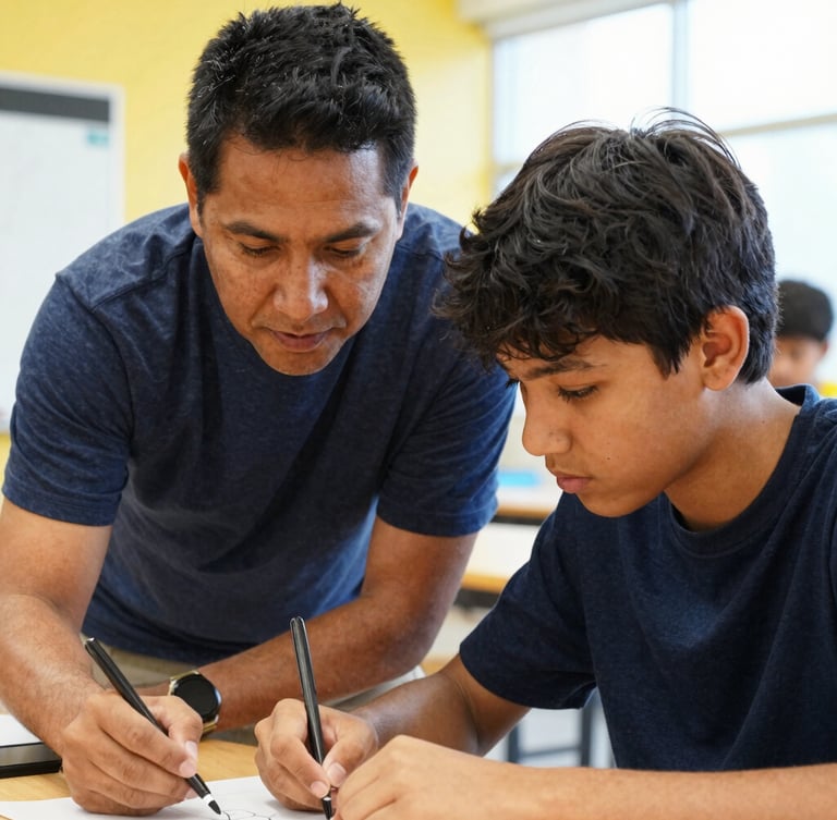 A warm close-up of a mentor and a teenage student collaborating on a project in a bright Atlanta community center, natural daylight, authentic expressions of focus and mutual respect