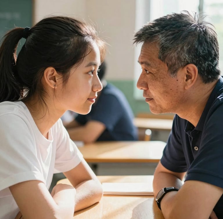 A warm editorial close-up of a teenage student and a mentor sitting eye-to-eye at a table, natural daylight streaming in, authentic focus, 35mm lens