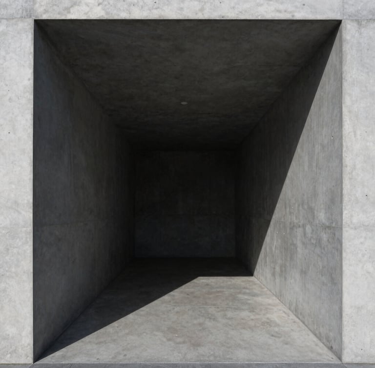 Symmetrical concrete architectural corridor, sharp geometric shadows, cool daylight, minimalist design, 35mm lens