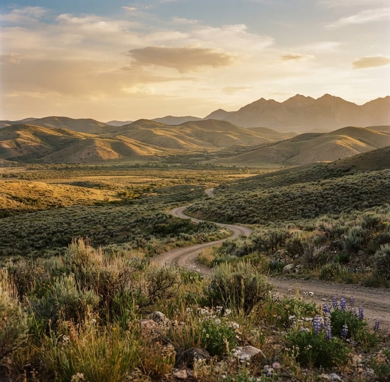 Wide environmental shot of serene Tooele County landscape, soft rolling hills of northern Utah at golden hour, warm late afternoon light, soft shadows, 35mm film texture