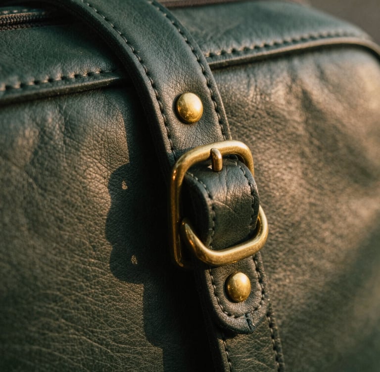 Extreme macro detail of hand-stitched dark green leather and polished brass hardware, natural low-contrast lighting, editorial texture