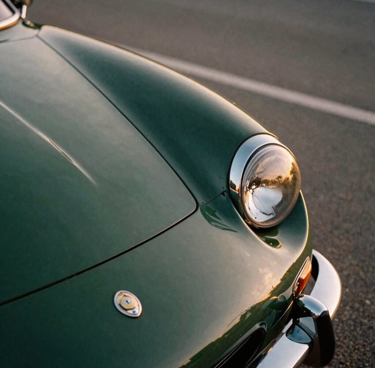 Extreme close-up of a vintage sports car fender, polished dark green paint reflecting golden hour light, chrome detailing, 35mm film style.