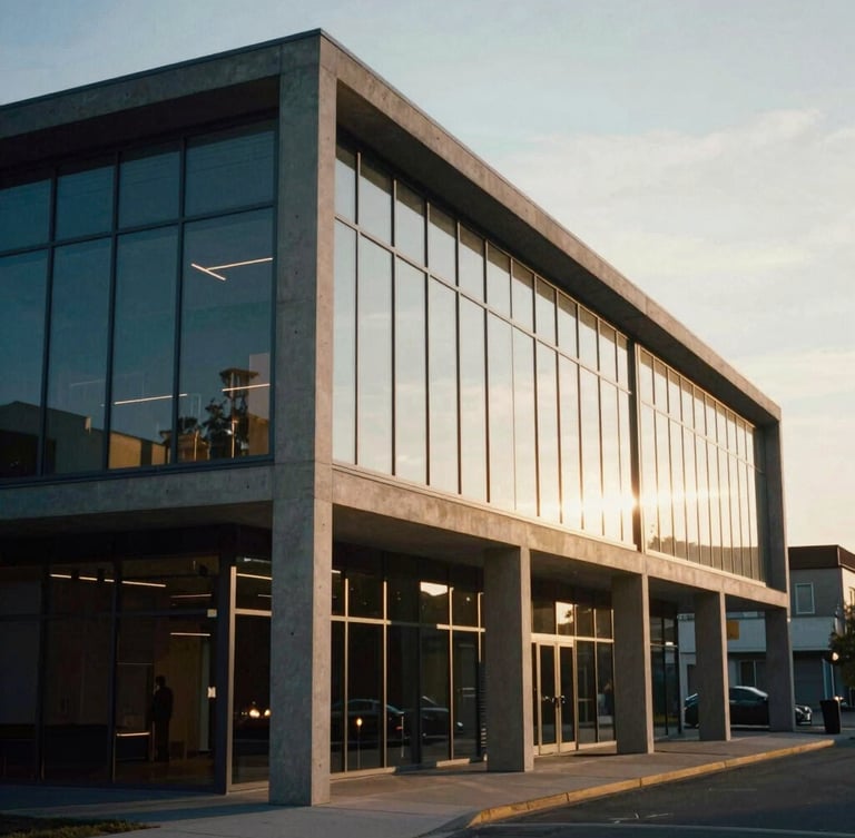 Wide environmental shot of a modernist concrete and glass commercial facade at golden hour, low-contrast natural light, cinematic depth of field, 35mm film style