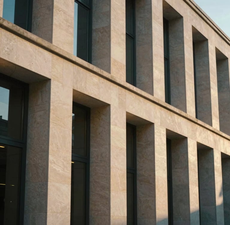 Close-up of a modern limestone commercial facade with sharp architectural lines at golden hour, dramatic shadows cast across the stone, editorial architectural photography.