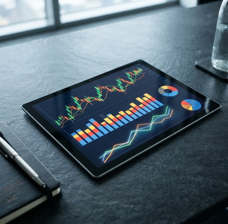 Macro shot of a tablet showing clean financial charts on a dark boardroom table, cool office daylight, sharp focus, 35mm