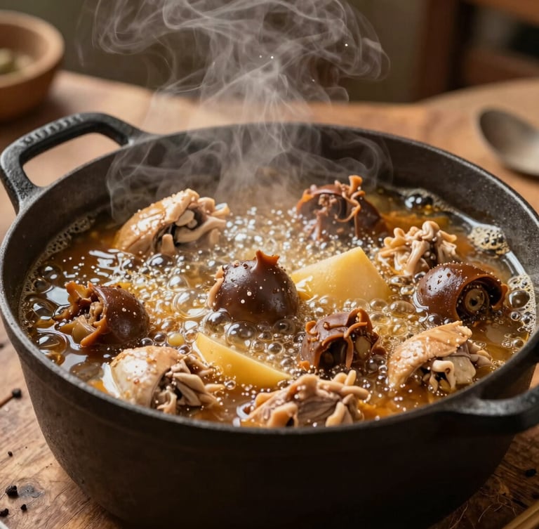 Close-up of bubbling chicken and sausage gumbo in a large cast-iron pot, steam rising, warm kitchen work-lights, rustic wooden table.