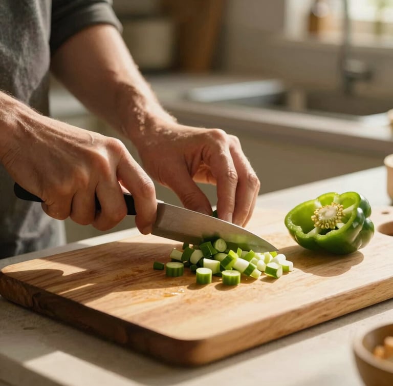 Warm kitchen interior in Lancaster, hands chopping fresh green onions and bell peppers on a wooden board, natural golden light.