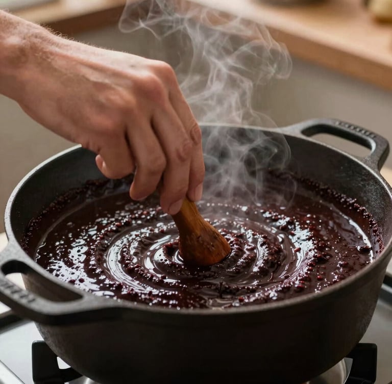 Close-up shot of hands stirring a rich, dark roux in a large cast-iron pot, warm kitchen lighting, steam rising gently.