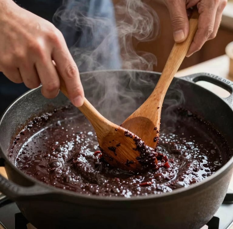 A close-up of hands carefully stirring a dark, rich roux in a massive cast-iron pot, steam rising, warm kitchen work-lights, focus on the texture of the wooden spoon and the bubbling mixture.