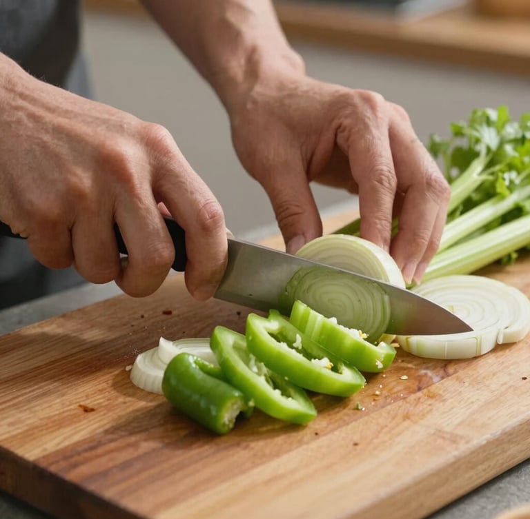 Close-up of hands chopping fresh trinity—onions, bell peppers, and celery—on a heavy wooden block under warm kitchen light.