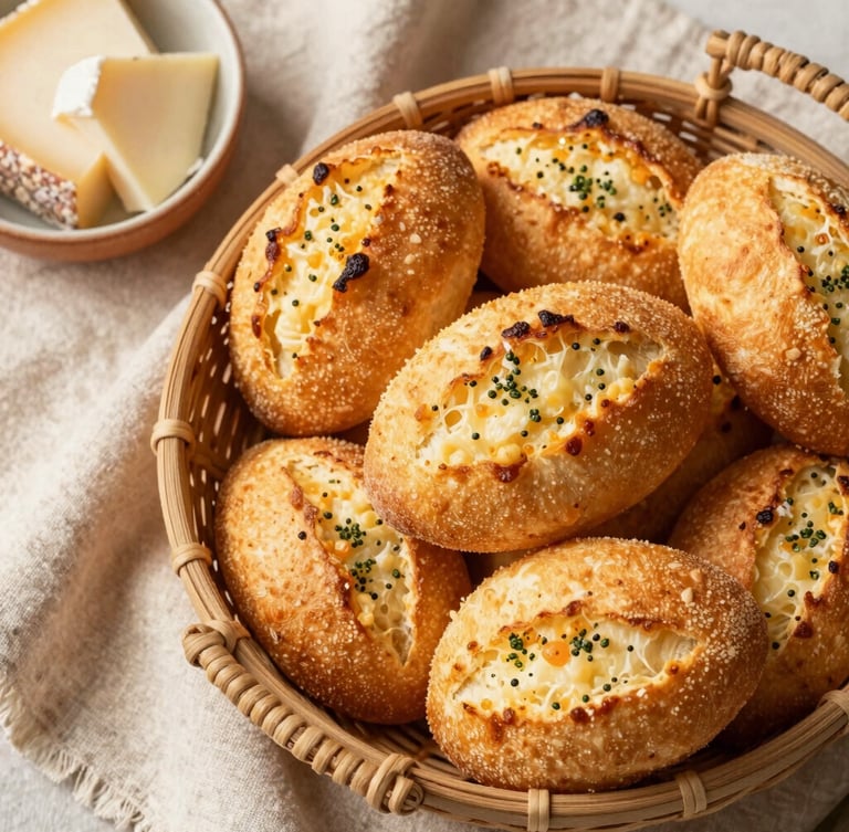 Top-down flatlay of freshly baked golden cheese breads in a rustic woven basket, beside a linen cloth and a small bowl of local cured cheese, warm afternoon light.