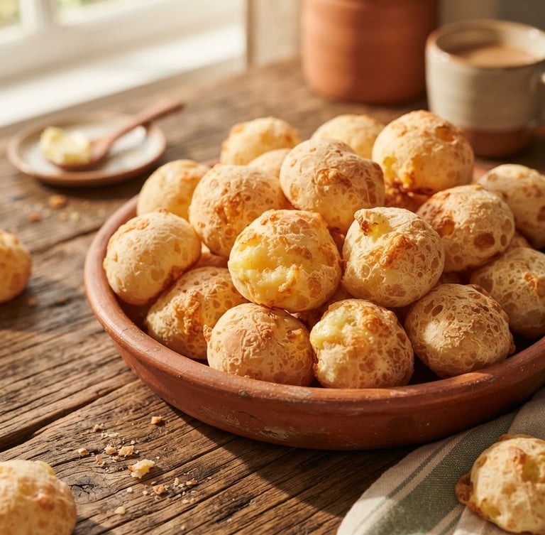 Close-up of freshly baked cheese breads on a rustic wooden table, soft afternoon sunlight, warm terracotta tones, shallow depth of field