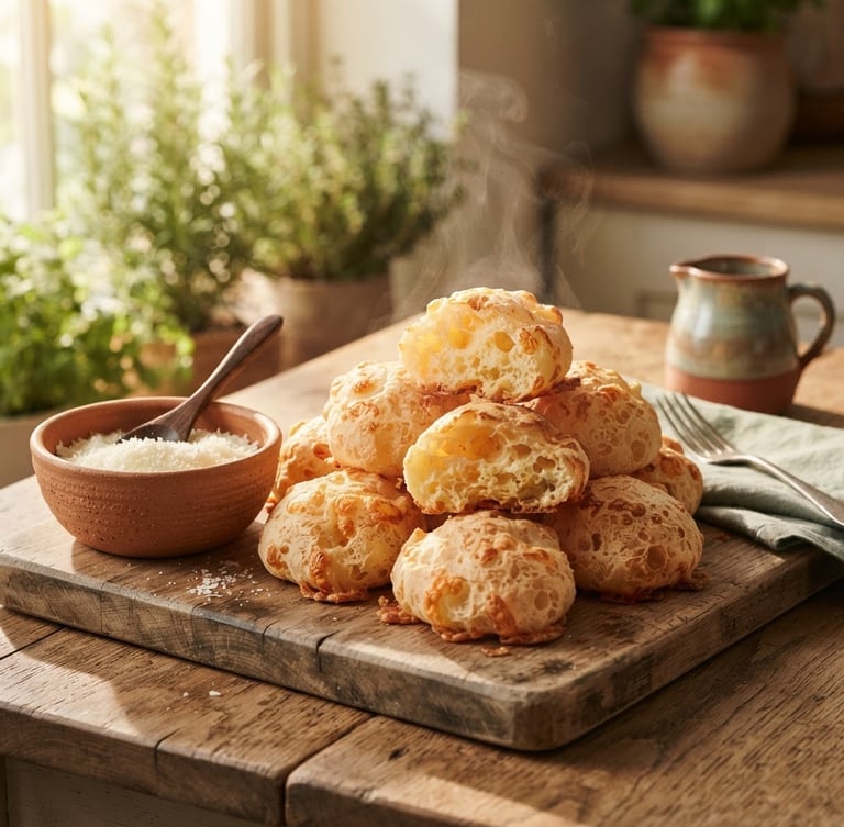 Warm editorial food photography of freshly baked, steaming cheese breads stacked on a rustic wooden board, soft afternoon sunlight casting long shadows, terracotta ceramic details, shallow depth of field