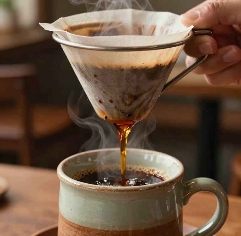 Close-up of a traditional cloth coffee filter dripping fresh dark coffee into a rustic ceramic mug, warm steam, cozy cafe background