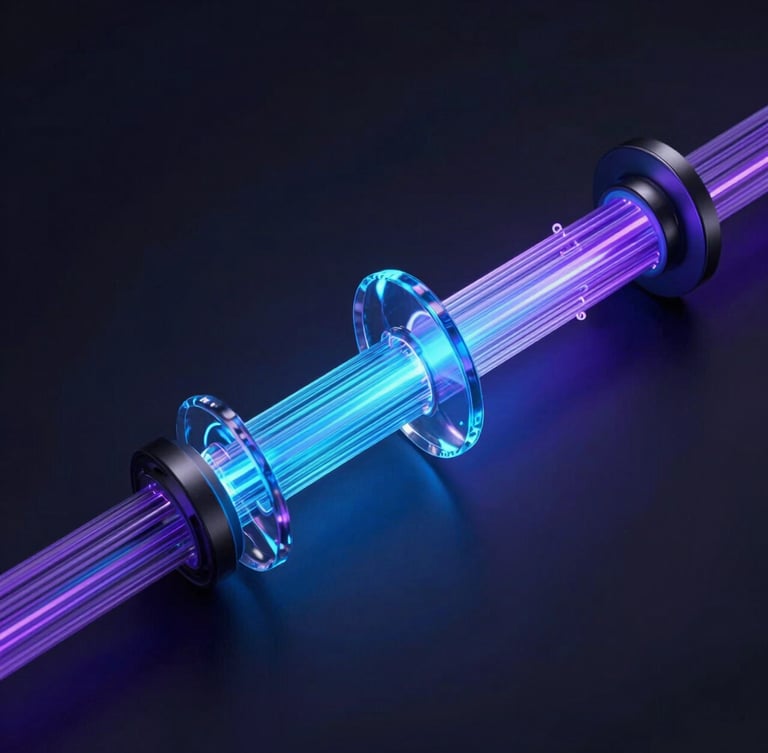 Minimalistic dark 3D render of data flow pipelines, glowing electric blue and neon violet fiber optics connecting abstract glass nodes, dark background, cinematic lighting.