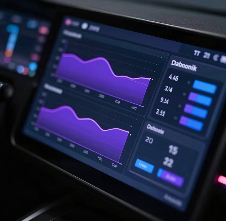A close-up dark glassmorphic dashboard interface showing multi-channel sales metrics, glowing purple and blue charts, clean tech aesthetic, dark background