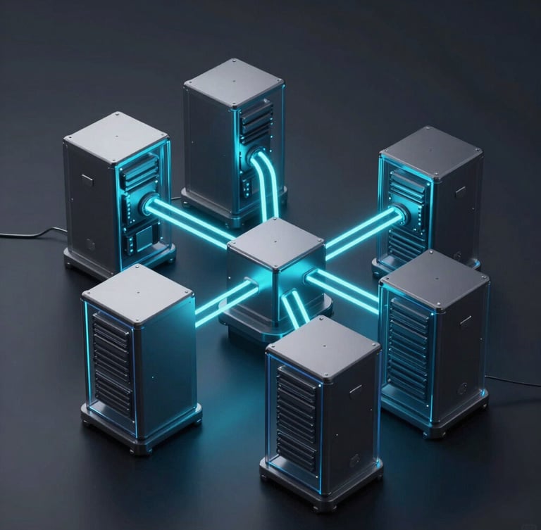 Isometric dark 3D render of an automated data pipeline, neon cyan glowing lines connecting glass servers, smooth metallic surfaces, high contrast lighting