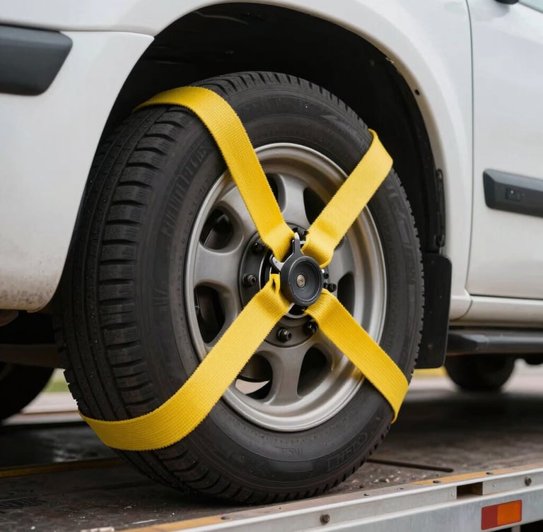 Close-up macro shot of heavy-duty yellow tie-down straps securing a vehicle wheel to an open-deck transport trailer, crisp daylight