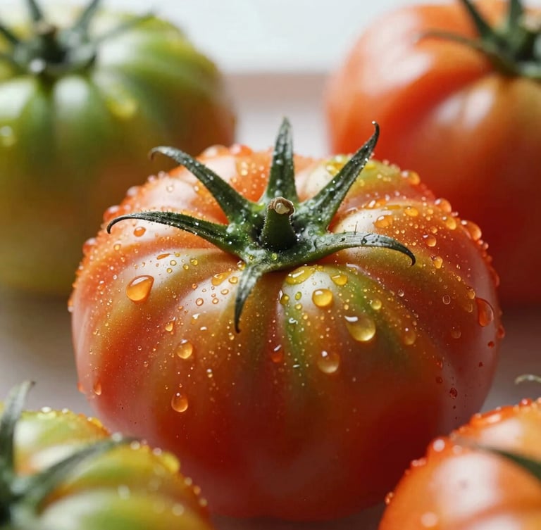 Macro close-up editorial food photography of dew-kissed heirloom tomatoes in morning light, vibrant red and green colors, shallow depth of field