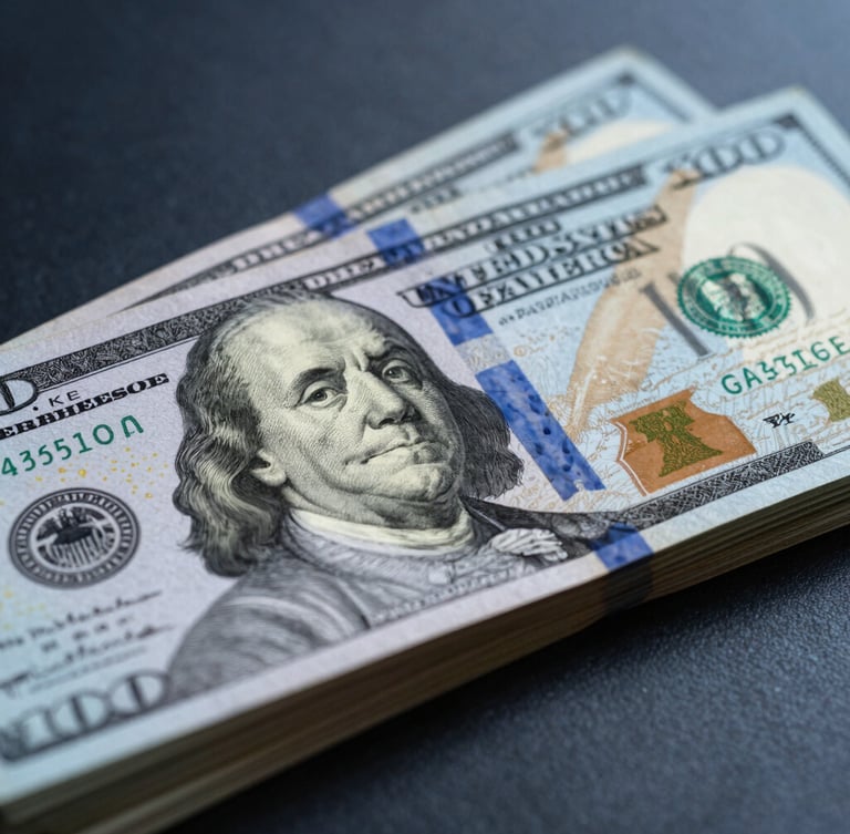 Macro studio shot of crisp physical one hundred dollar bills being precisely counted, cool-toned lighting, sharp shadows, deep blue accents