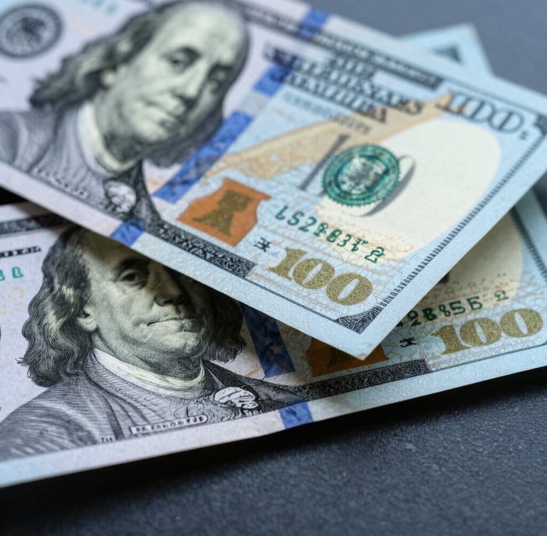Macro detail shot of crisp physical hundred-dollar bills being counted under cool-toned studio lighting with sharp shadows, deep blue and silver tones.