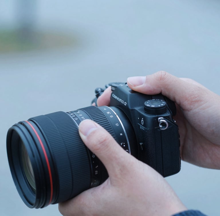 Close-up of hands adjusting a camera lens ring, soft diffused natural daylight, cool blue undertones, shallow depth of field, 35mm film look.
