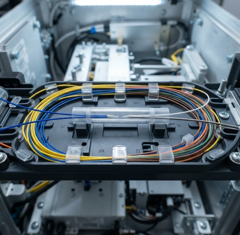 Macro close-up of high-quality fiber optic splicing inside an industrial enclosure, bright technical lighting, crisp steel gray and deep blue details, 35mm lens.
