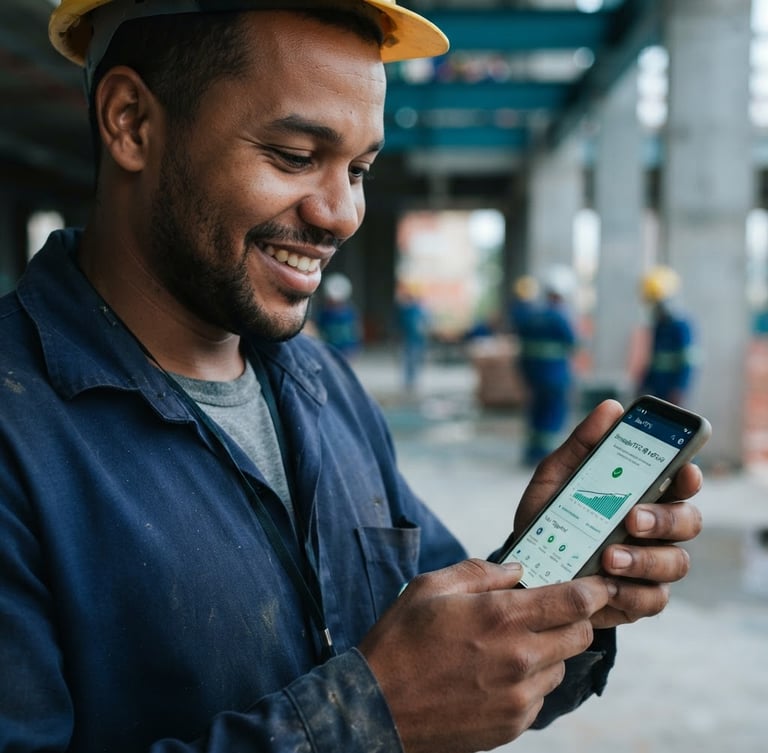 Close-up of a smiling authentic Brazilian worker in casual clothes, looking at a mobile phone screen showing a clear FGTS simulation result, soft natural daylight, deep blue and teal tones, shallow depth of field, modern corporate photography