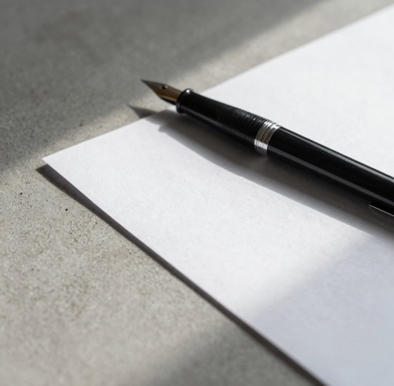 Macro photograph of a minimalist concrete desk surface, a heavy textured cotton paper document aligned parallel to a sleek black fountain pen, soft natural side shadow from a window.