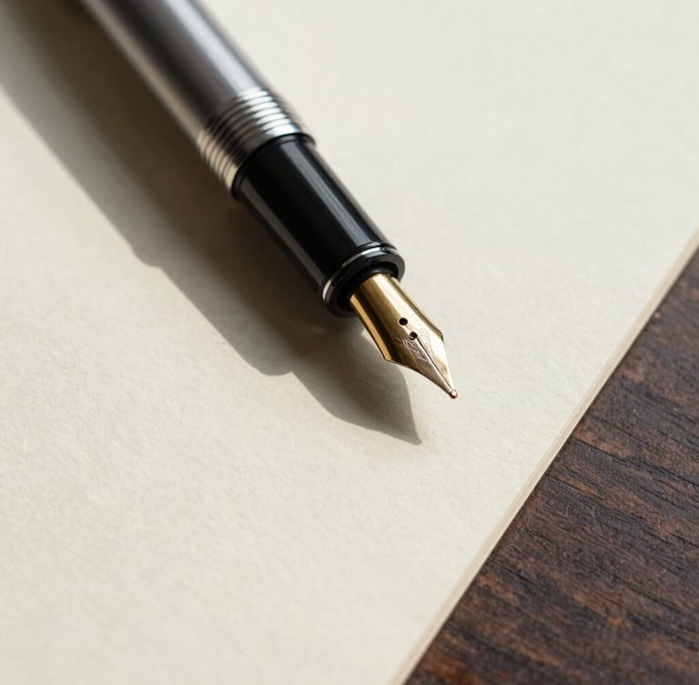 Macro close-up of a high-end fountain pen resting on textured heavy-weight cream paper, soft natural morning shadows casting across the desk, minimalist architectural styling.
