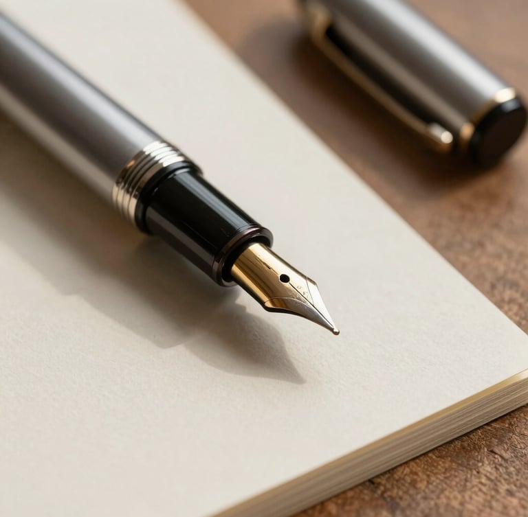Macro close-up of a high-end fountain pen resting on textured heavy-weight cream paper, soft natural side shadows, minimalist architectural workspace, warm daylight.
