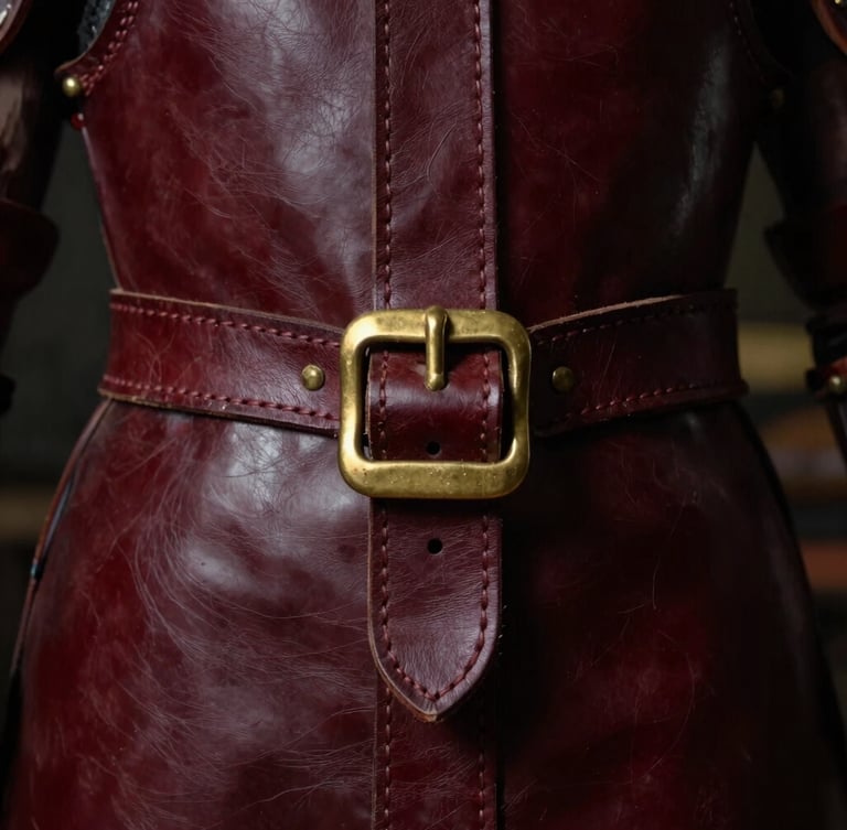 Macro shot of thick hand-stitched leather seams on deep burgundy armor, heavy brass buckles, atmospheric low-key workshop lighting