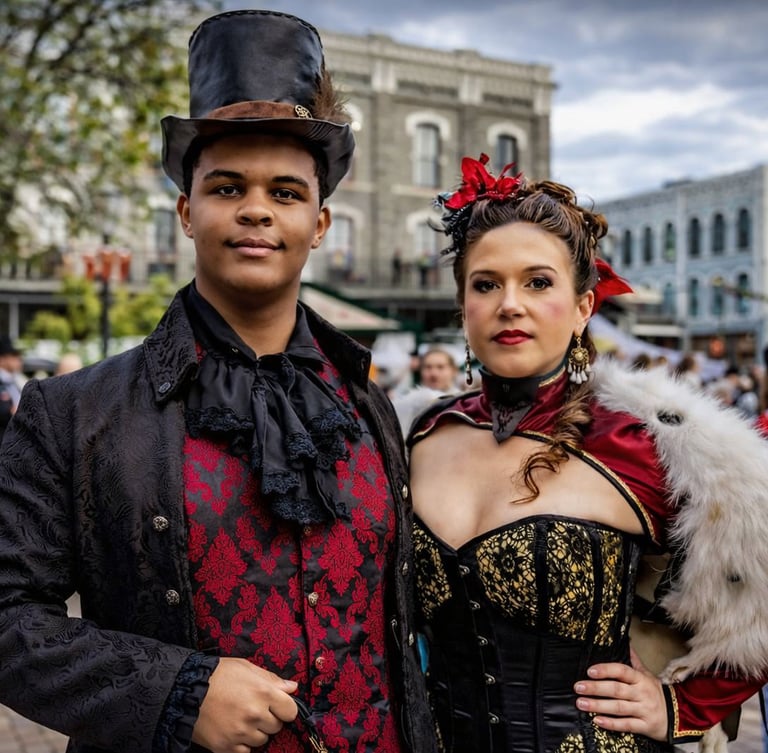 A couple wearing Victorian steampunk costumes with top hats and corsets at an outdoor festival.