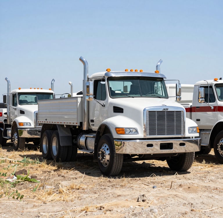 Wide environmental shot of local trucks parked in an open field under bright natural California daylight at the Gridley Truck Show, realistic industrial tones, sharp focus, 35mm lens