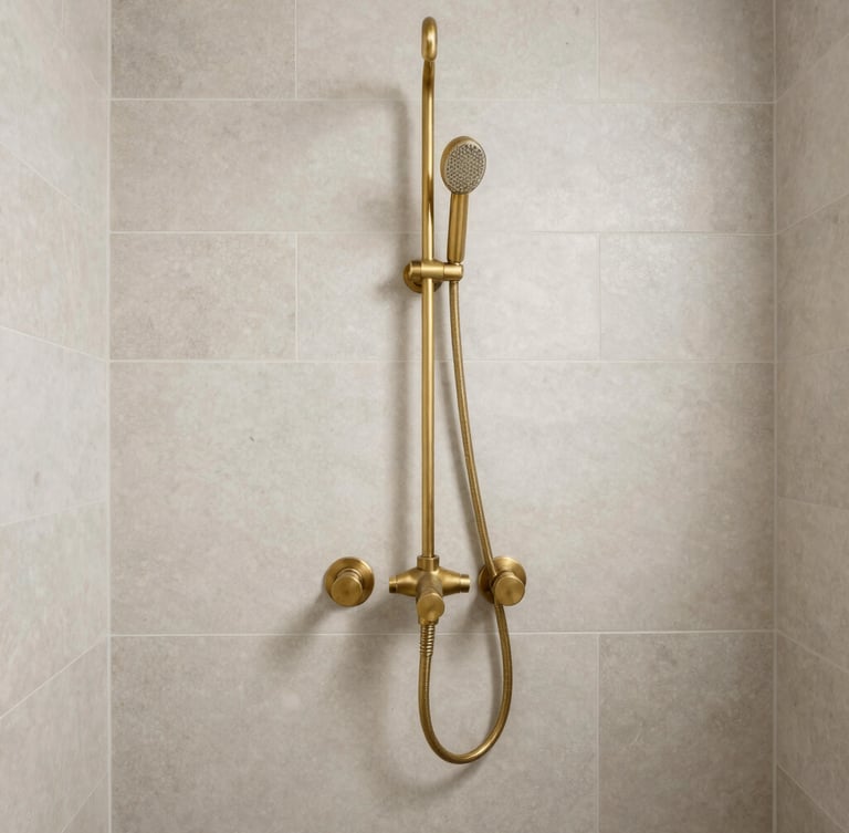 Straight-on architectural elevation of a tiled wet room with unlacquered brass fixtures, bright diffused daylight, neutral mineral tones, sharp focus