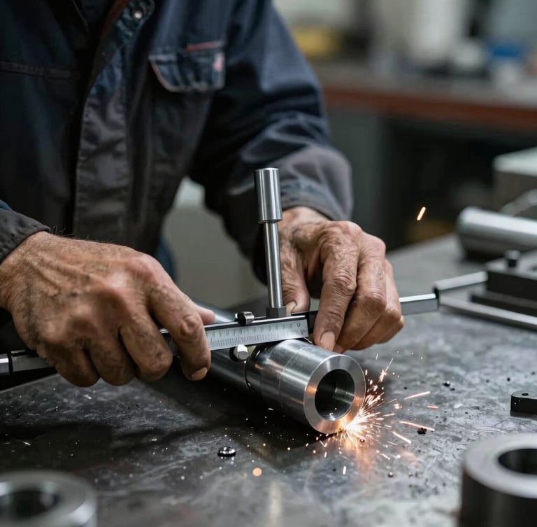 A machinist in dark workwear measuring a freshly cut steel cylinder with a digital micrometer on a metal workbench, dramatic side lighting, sharp focus on the instrument