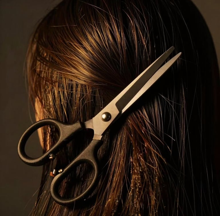 Moody editorial photography of a sharp scissor cut on dark textured hair, low-key dramatic side-lighting with warm golden highlights, 85mm lens
