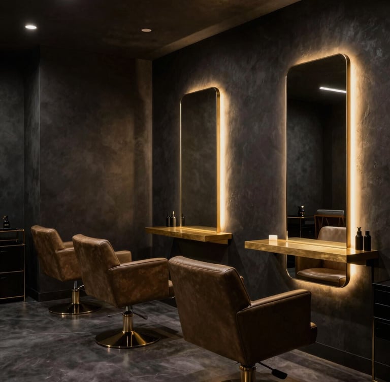 Bespoke modern salon interior with dark charcoal walls, warm gold accent lighting, minimalist leather chairs, and polished brass mirrors, moody editorial style.