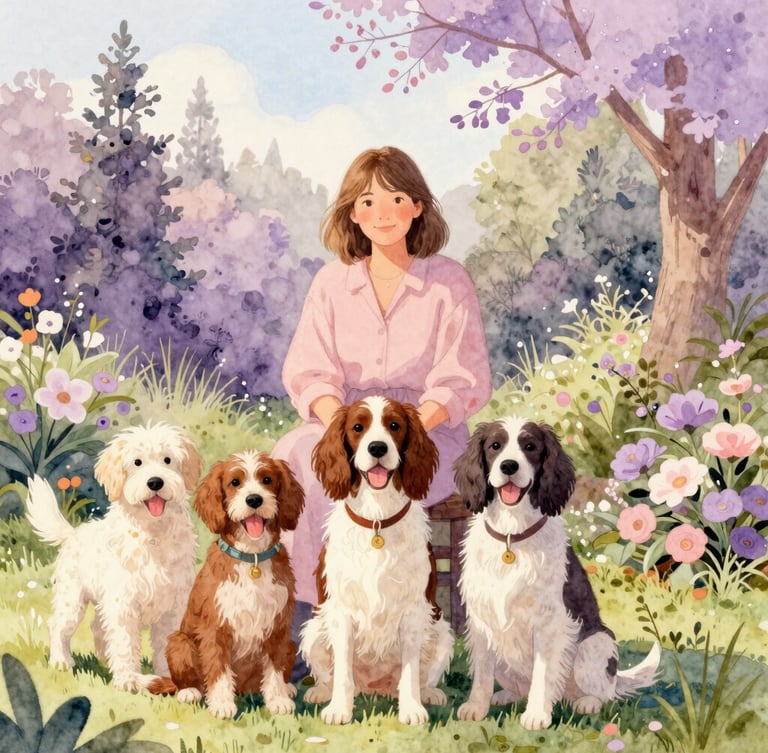 A warm portrait of author Deb Orrey sitting in a sunlit Oregon garden with three happy English Springer Spaniels, cozy storybook aesthetic.