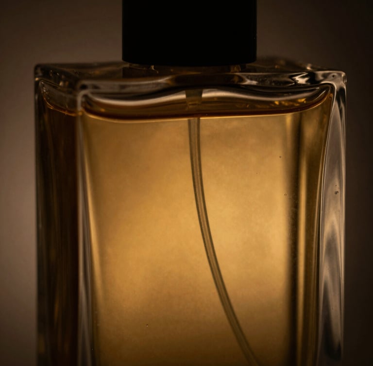 Extreme close-up of a heavy glass perfume bottle reflecting warm golden light, dark shadows, moody editorial photography, shallow depth of field, luxury aesthetic.