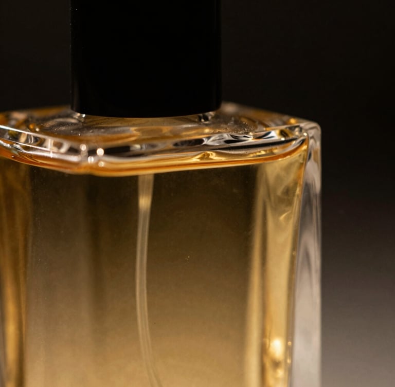 Extreme close-up of a heavy textured glass perfume bottle reflecting warm golden spotlight, deep shadows, dark background, luxury aesthetic