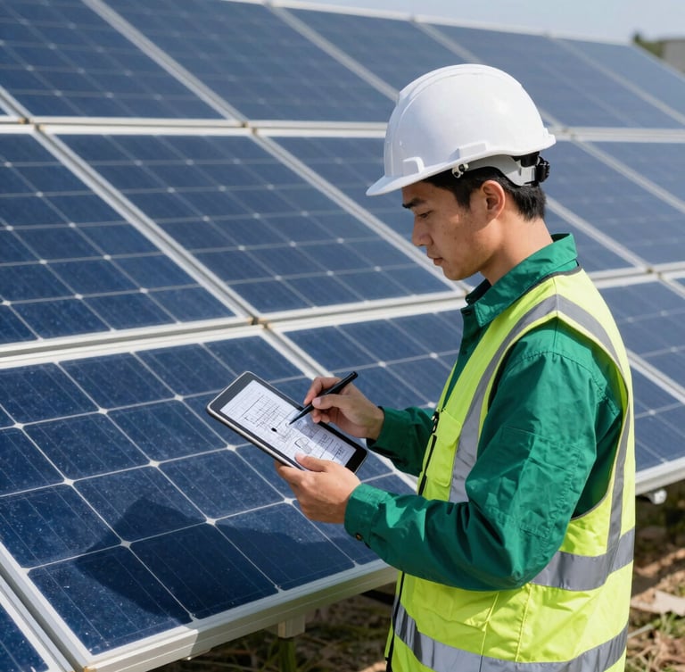 Engineer in safety gear analyzing digital schematics on a tablet, with a solar panel array in the background, high-contrast, bright daylight, sharp shadows.
