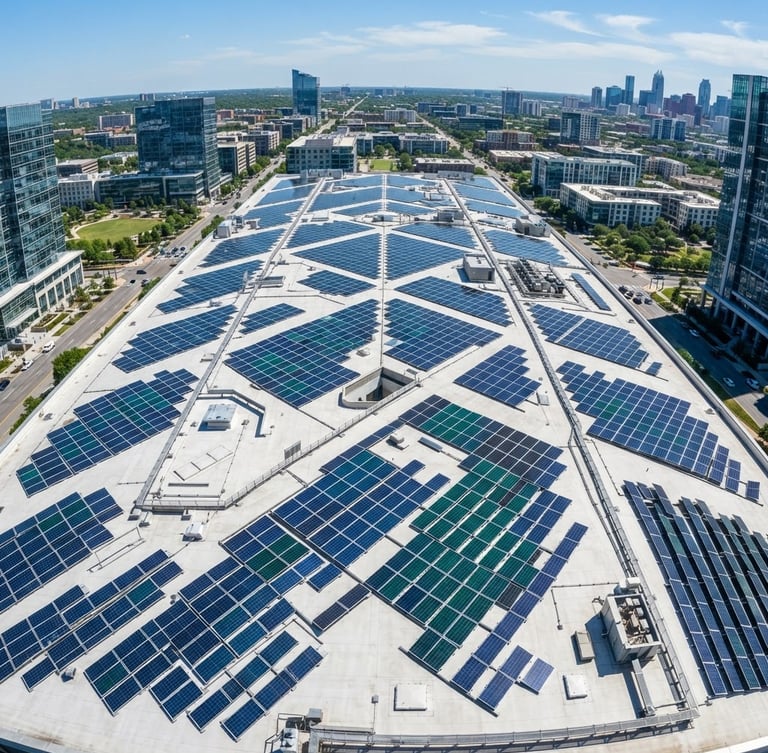 Aerial drone shot of a modern, geometric solar array on a commercial rooftop, high-contrast bright daylight, sharp shadows, deep blue and emerald tones, wide-angle lens, premium architectural photography.