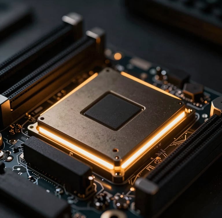 Macro close-up of high-end server motherboard, dark ambient developer workspace, glowing gold and amber edge-lighting, shallow depth of field