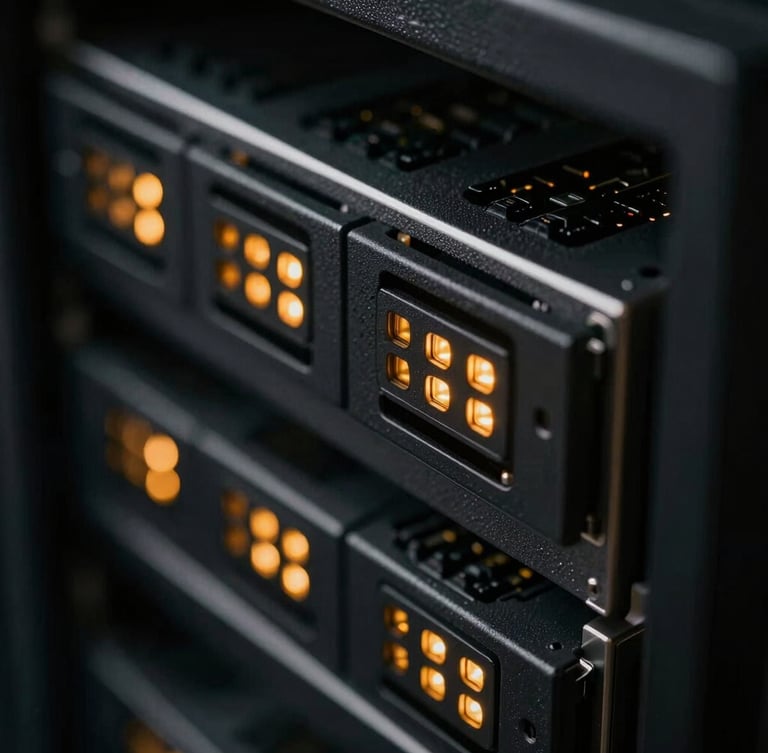 Macro close-up of a dark physical server rack blade with amber LED status indicators, shallow depth of field, high-contrast charcoal tones.