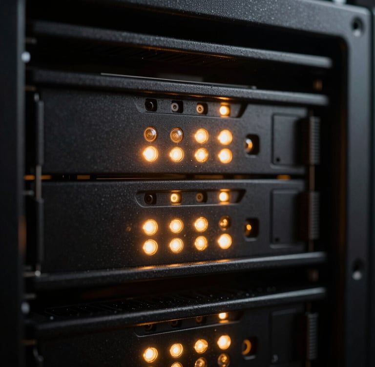 Macro close-up of a high-end server rack in a dark room, glowing amber and gold LED indicator lights reflecting on brushed black metal, shallow depth of field.