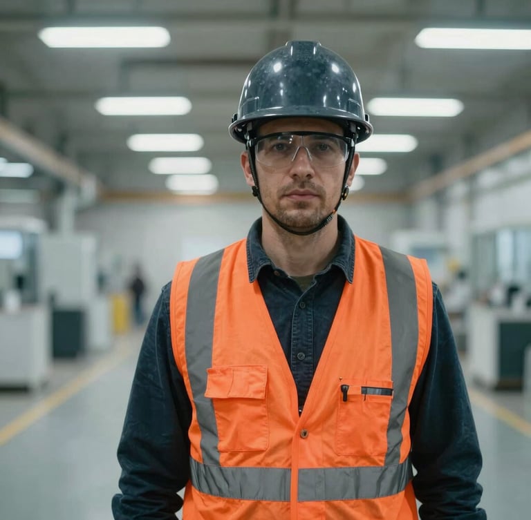 Eye-level documentary-style medium shot of an industrial founder wearing a dark hardhat and safety glasses, standing in a clean, structured factory floor under sharp overhead workshop lighting, cool desaturated tones with safety-orange accents, crisp medium format lens.