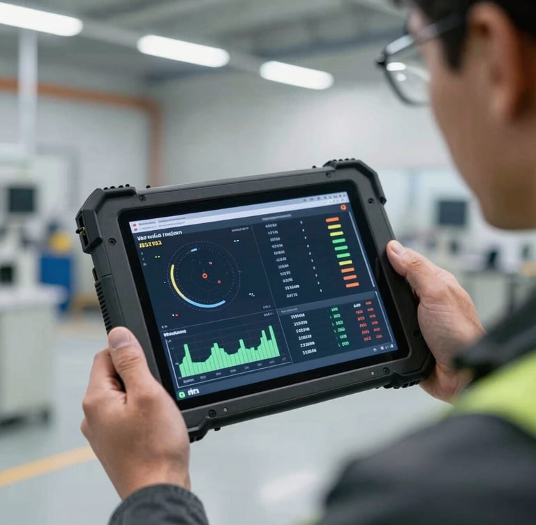 Close-up of a ruggedized industrial tablet displaying real-time capability validation metrics, held by an instructor on a clean factory floor, sharp technical focus.